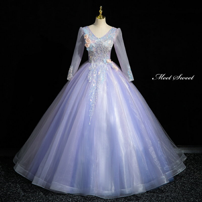乐天商城 - カラードレス プリンセスライン ロングドレス パープル 紫 長袖 Vネック 花 ウェディングドレス 結婚式 二次会 花嫁 前撮り 演奏会 発表会 ステージ衣装 ウエディングドレス パーティードレス ブライダル 大人 舞台 演出 イブニングドレス コンサート コンクール
