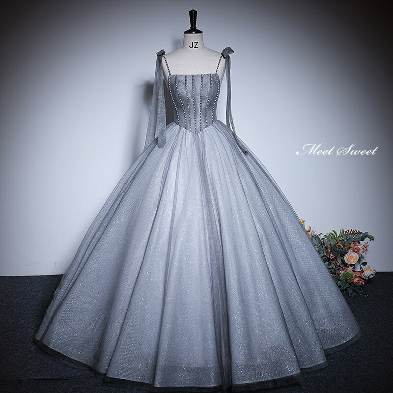 カラードレス Aラインドレス ロングドレス グレー キャミソール リボン 袖なし ウェディングドレス 結婚式 二次会 花嫁 前撮り 演奏会 発表会 ステージ衣装 ウエディングドレス パーティードレス ブライダル 大人 舞台 演出 イブニングドレス コンサート コンクール
