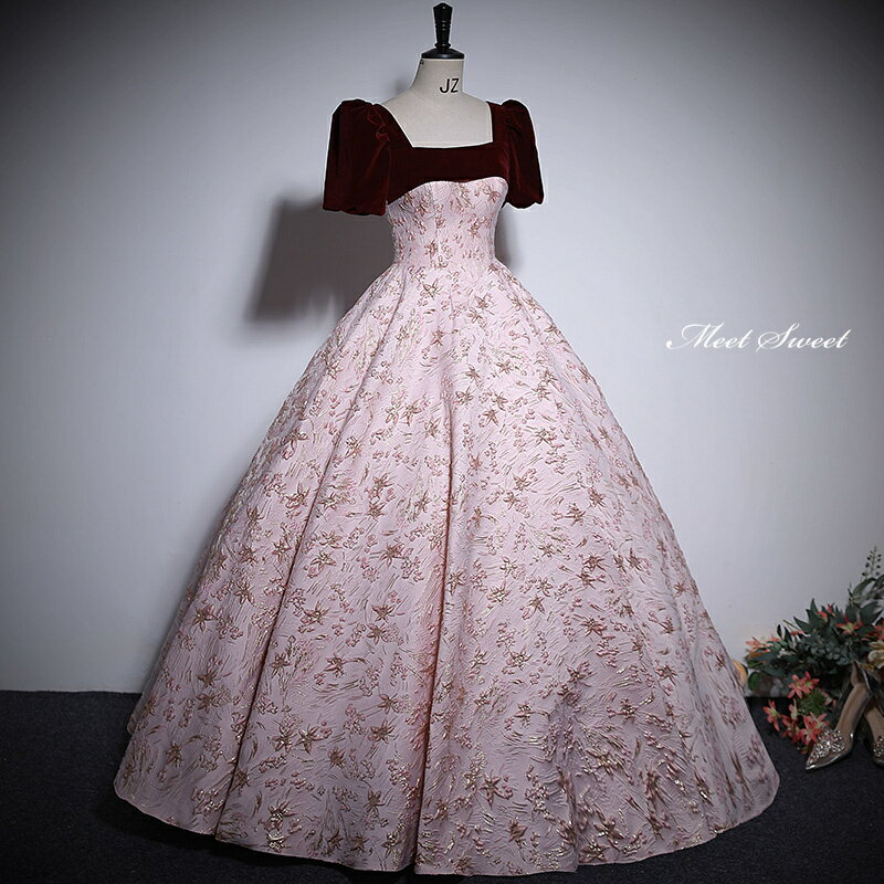 カラードレス Aラインドレス ロングドレス ピンク 半袖 花柄 パフスリーブ 赤 ウェディングドレス 結婚式 二次会 花嫁 前撮り 演奏会 発表会 ステージ衣装 ウエディングドレス パーティードレス ブライダル 大人 舞台 演出 イブニングドレス コンサート コンクール