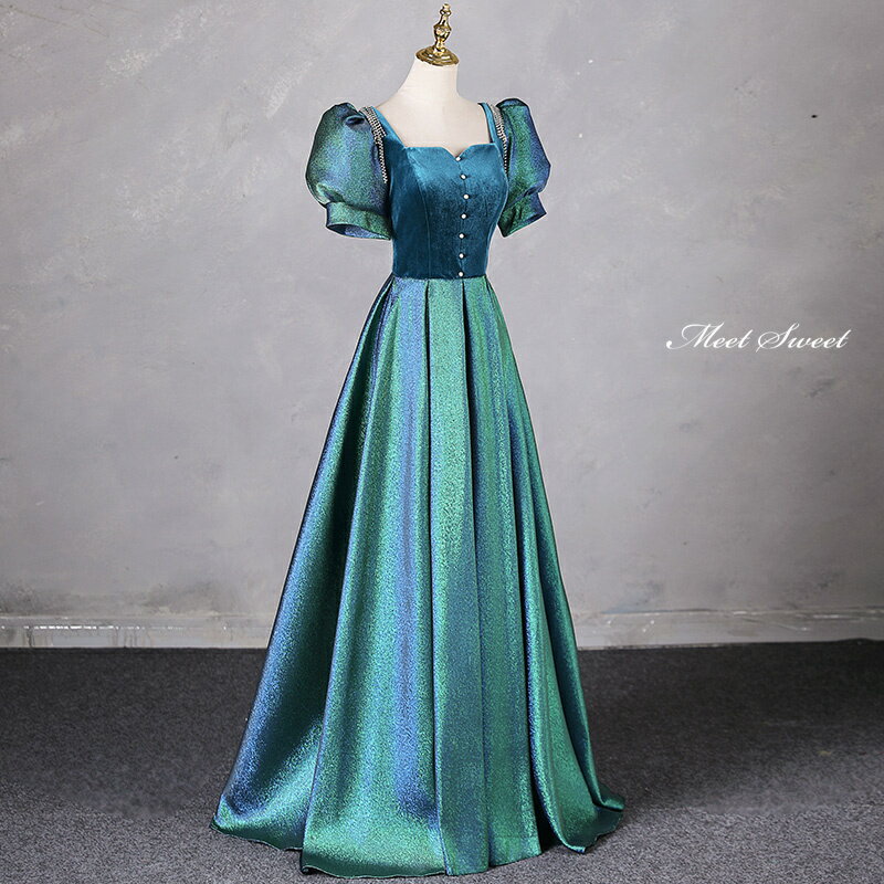 カラードレス Aラインドレス ロングドレス グリーン パフスリーブ 光沢感 半袖 ウェディングドレス 結婚式 二次会 花嫁 前撮り 演奏会 発表会 ステージ衣装 ウエディングドレス パーティードレス ブライダル 大人 舞台 演出 イブニングドレス コンサート コンクール