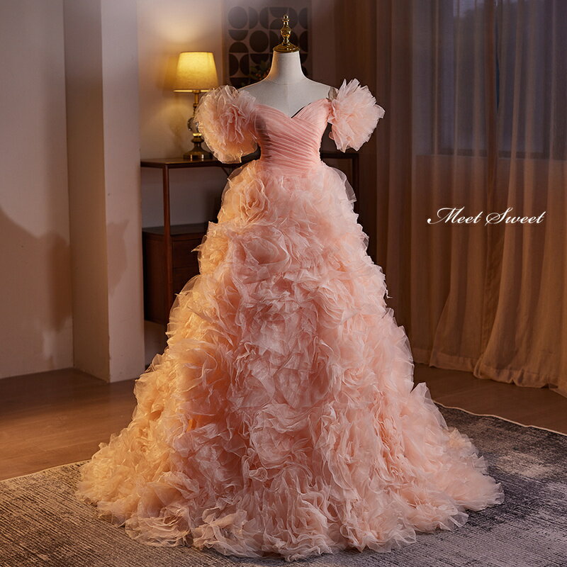 カラードレス プリンセスライン ピンク フリル ロングドレス ウェディングドレス ウエディングドレス 結婚式 二次会 花嫁 前撮り 演奏会 発表会 ステージ衣装 パーティードレス ブライダル フォトウェディン 華やか 舞台 演出 イブニングドレス コンサート コンクール