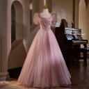 カラードレス プリンセスライン ピンク パフスリーブ 編み上げ ロングドレス ウェディングドレス 結婚式 二次会 花嫁 前撮り 演奏会 発表会 ステージ衣装 ウエディングドレス パーティードレス ブライダル 大人 舞台 演出 イブニングドレス コンサート コンクール
