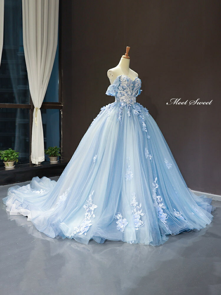 カラードレス プリンセスライン ブルー オフショルダー 花 刺繍 ロングドレス ウェディングドレス 結婚式 二次会 花嫁 前撮り 演奏会 発表会 ステージ衣装 ウエディングドレス パーティードレス ブライダル 大人 舞台 演出 イブニングドレス コンサート コンクール