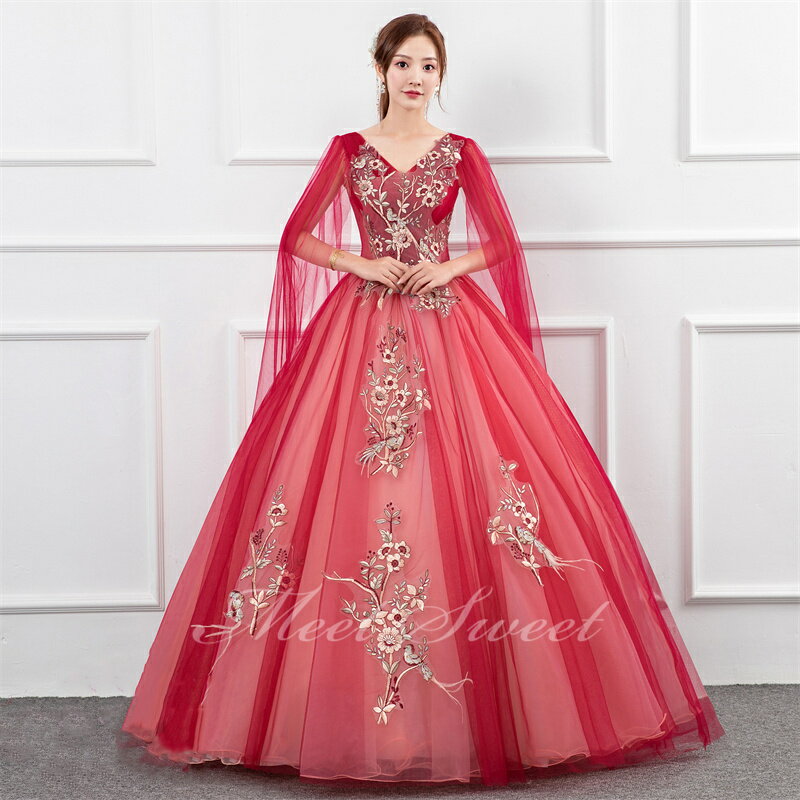 カラードレス プリンセスライン ワインレッド スリットスリーブ ロングドレス ウェディングドレス 結婚式 二次会 花嫁 前撮り 演奏会 発表会 ステージ衣装 ウエディングドレス パーティードレス ブライダル 大人 舞台 演出 イブニングドレス コンサート コンクール