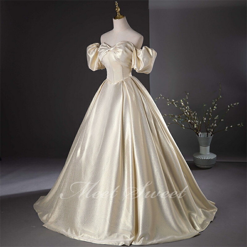 カラードレス プリンセスライン シャンパン オフショルダー パフスリーブ ロングドレス ウェディングドレス 結婚式 二次会 花嫁 前撮り 発表会 ステージ衣装 ウエディングドレス パーティードレス ブライダル 演奏会 舞台 演出 イブニングドレス コンサート コンクール