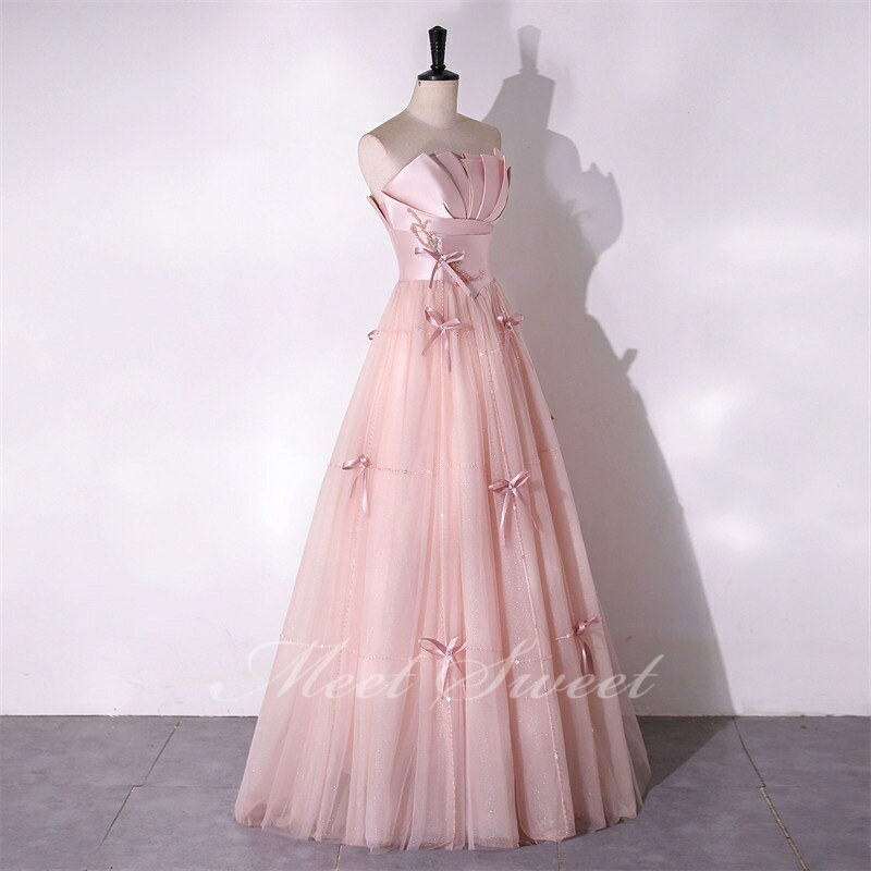 カラードレス Aラインドレス ピンク リボン ベアトップ ロングドレス ウェディングドレス 結婚式 二次会 花嫁 前撮り 演奏会 発表会 ステージ衣装 可愛い ウエディングドレス パーティードレス ブライダル 大人 舞台 演出 イブニングドレス コンサート コンクール