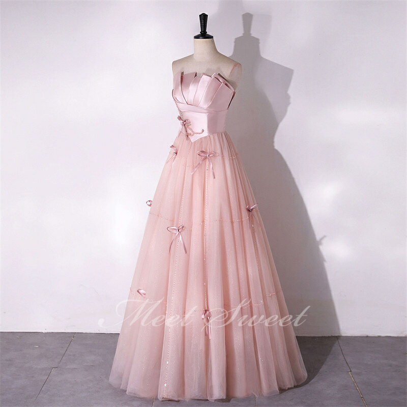 カラードレス Aラインドレス ピンク リボン ベアトップ ロングドレス ウェディングドレス 結婚式 二次会 花嫁 前撮り 演奏会 発表会 ステージ衣装 可愛い ウエディングドレス パーティードレス ブライダル 大人 舞台 演出 イブニングドレス コンサート コンクール