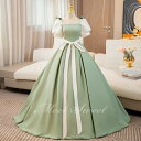 カラードレス Aラインドレス グリーン パフスリーブ サテン 緑 ロングドレス ウェディングドレス 結婚式 二次会 花嫁 前撮り 演奏会 発表会 ステージ衣装 ウエディングドレス パーティードレス ブライダル 大人 舞台 演出 イブニングドレス コンサート コンクール