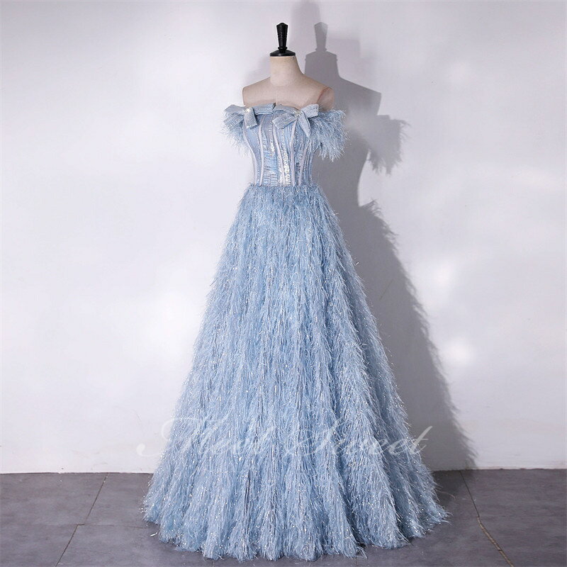 カラードレス Aラインドレス ブルー フェザー オフショルダー ロングドレス ウェディングドレス 結婚式 二次会 花嫁 前撮り 演奏会 発表会 ステージ衣装 ウエディングドレス パーティードレス ブライダル 大人 舞台 演出 イブニングドレス コンサート コンクール