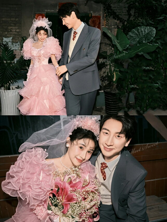 カラードレス ウェディングドレス ピンク フリル ボリューム袖 前撮り 結婚式 二次...