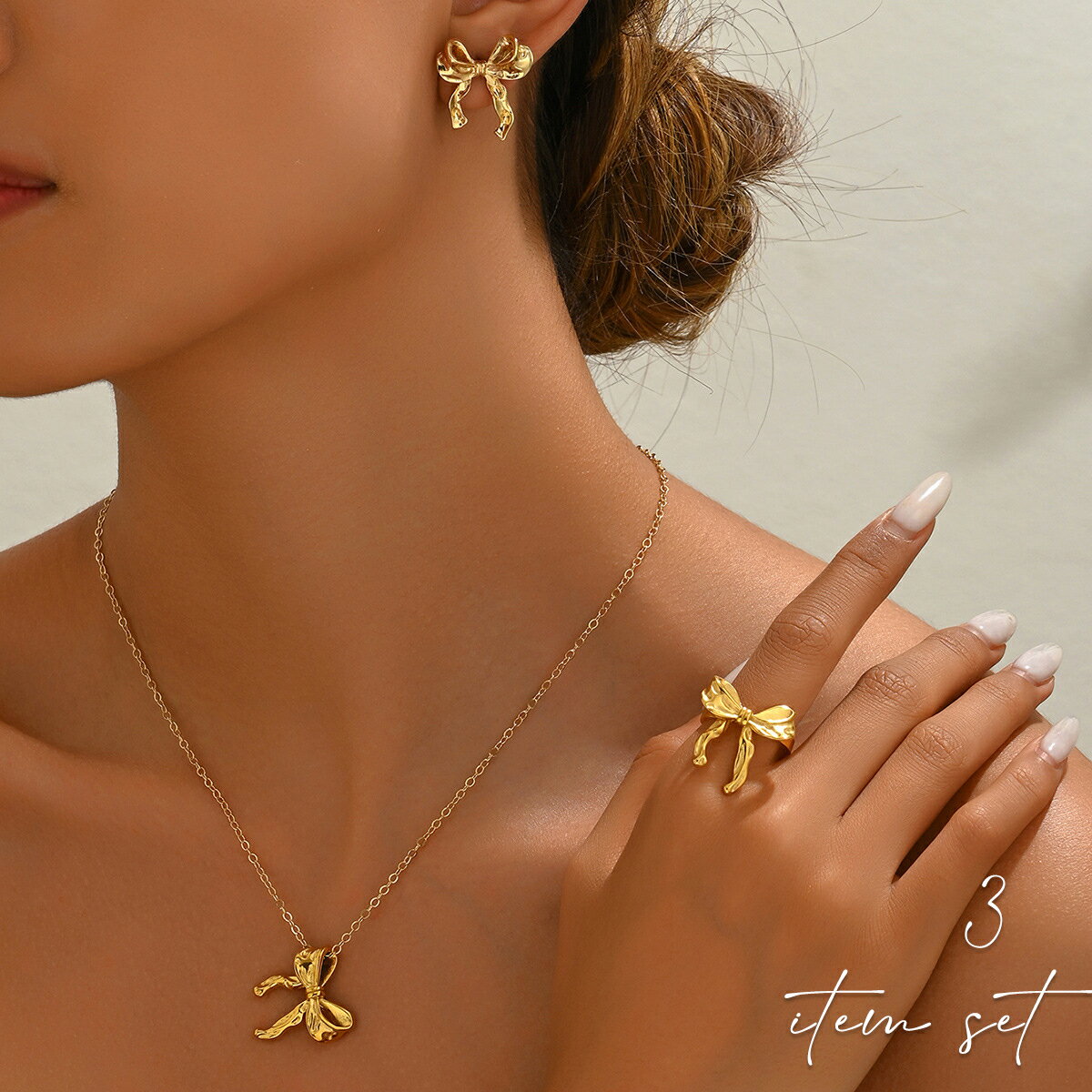 White Coral - ネックレス ピアス リング 3点セット ネックレスセット リボン 金属 レディース ウェディング ウエディング ブライダル 結婚式 二次会 パーティー フォーマル カジュアル 女性 ゲスト お呼ばれ アクセサリー ウェディング小物 演奏会 発表会 前撮り おしゃれ