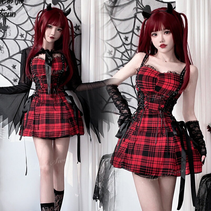 ゴシック×Y2K チェックワンピース ライブ衣装 ロリータ アイドル 赤黒格子 ハロウィン コスプレ 大人用 仮装 歌番組の衣装 衣装 大人 女性 可愛い レディース パフォーマンス衣装 かわいい コスチューム コスプレ衣装 コスプレ仮装 演出服 ダンス衣装 ステージ衣装