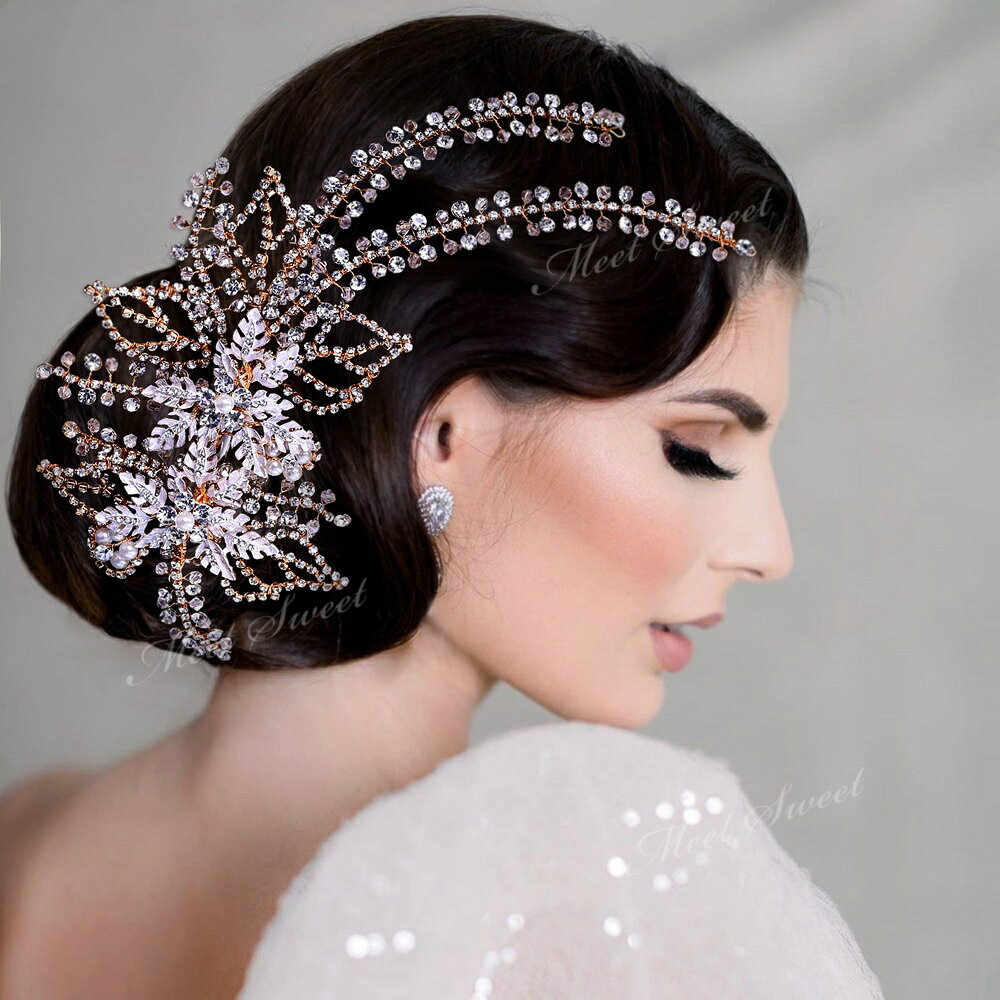 ミートスウィートのウェデイング ヘッドドレス 金属花 ヘアピン 髪飾り ゴージャス ラリエット ブライダル 花嫁 二次会 パーティー 結婚式 披露宴 発表会 舞台 挙式 映え ブライダルアクセサリー ウェデイングアクセサリー ヘッドアクセ 前撮り ドレス 着物 和装 ヘッドアクセサリー｜アングル2