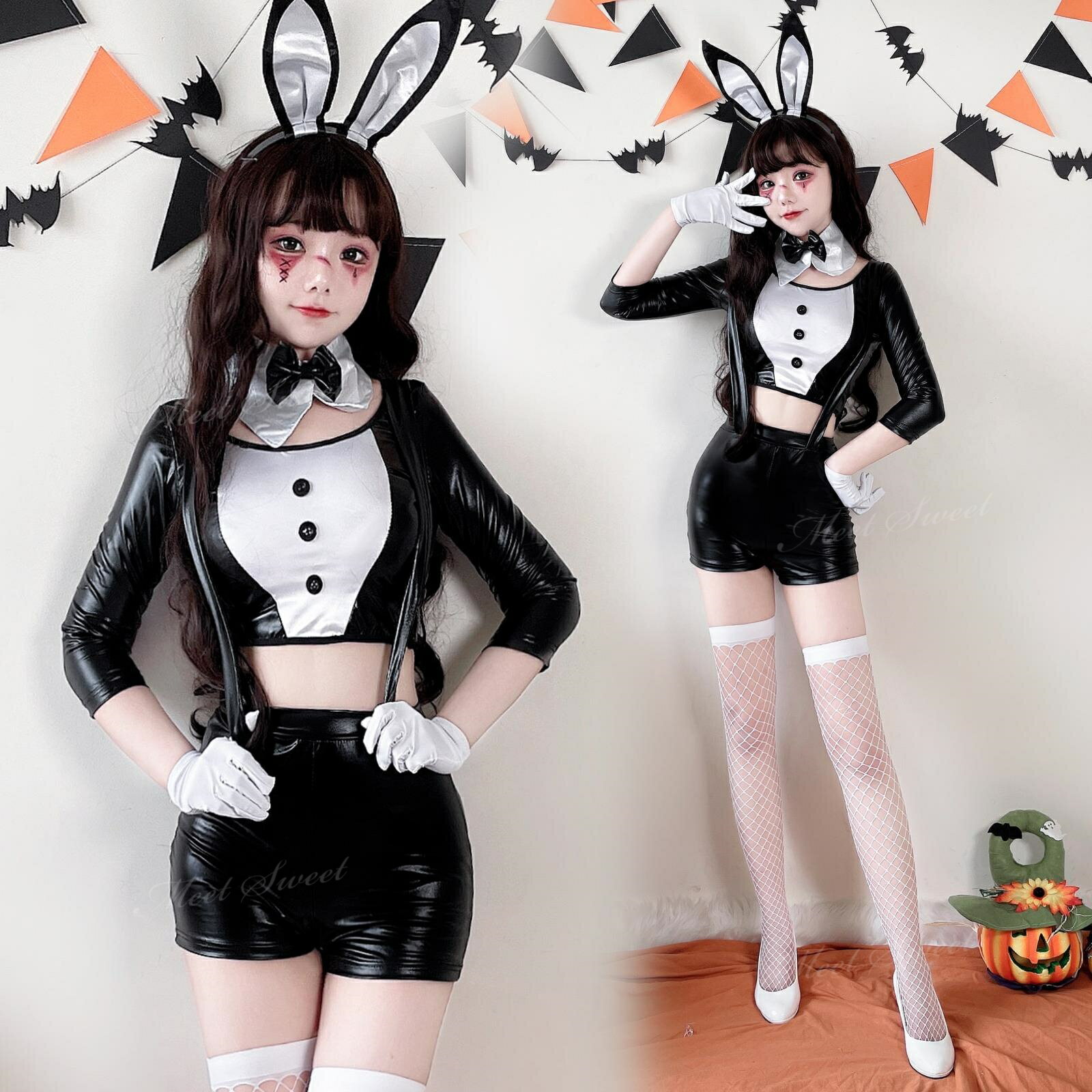 Bunny Girl - セクシーバニー バニーガール レザー風 ウサギ ウサ耳 コスチューム DJ ハロウィン コスプレ 大人用 仮装 ハロウィンコスプレ 衣装 大人 女性 可愛い セクシー レディース かわいい クリスマス うさ耳 黒 コスプレ衣装 コスプレ仮装 クラブ キャバ嬢 ナイトクラブ
