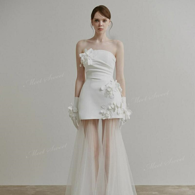 【P5倍★BLACK FRIDAY限定】ウェディングドレス ミニ ショート丈 ミニドレス チュール 異素材切替 二次会 結婚式 前撮り 発表会 誕生日 ドレス 花嫁 ウエディングドレス 大きいサイズ 小さいサイズ 海外挙式 白 オフホワイト パーティードレス ブライダル