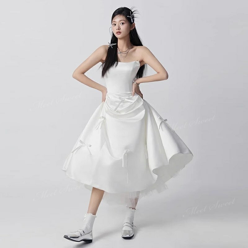 ウェディングドレス マキシドレス リボン ベアトップ マキシ丈 可愛い 白 Aライン ロング ドレス 二次会 結婚式 披露宴 前撮り 後撮り ..