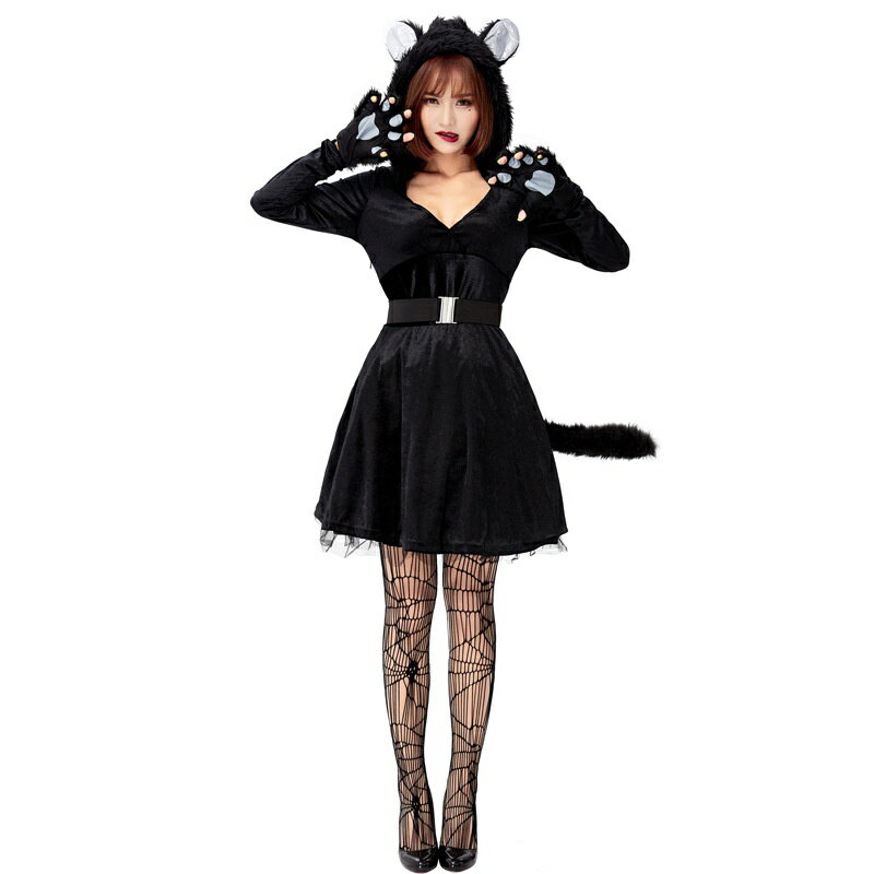 樂天商城 - ハロウィン 黒猫 コスチューム 大人用 猫 動物 ブラック 帽子付き Vネック 長袖 冬 クリスマス 衣装 コスプレ 仮装 衣装 大人 女性 可愛い レディース ハロウィンコスプレ ハロウィン仮装 コスプレ衣装 コスプレ仮装 ハロウィン衣装 パーティー 舞台服 演出用