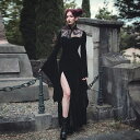 魔女 コスプレ ワンピース 魔法使い 妖精 ゴスロリ ゴシック ロング 長袖 ベルベット スリット レース ドレス セクシー ブラック ロリータ 衣装 黒 ハロ...