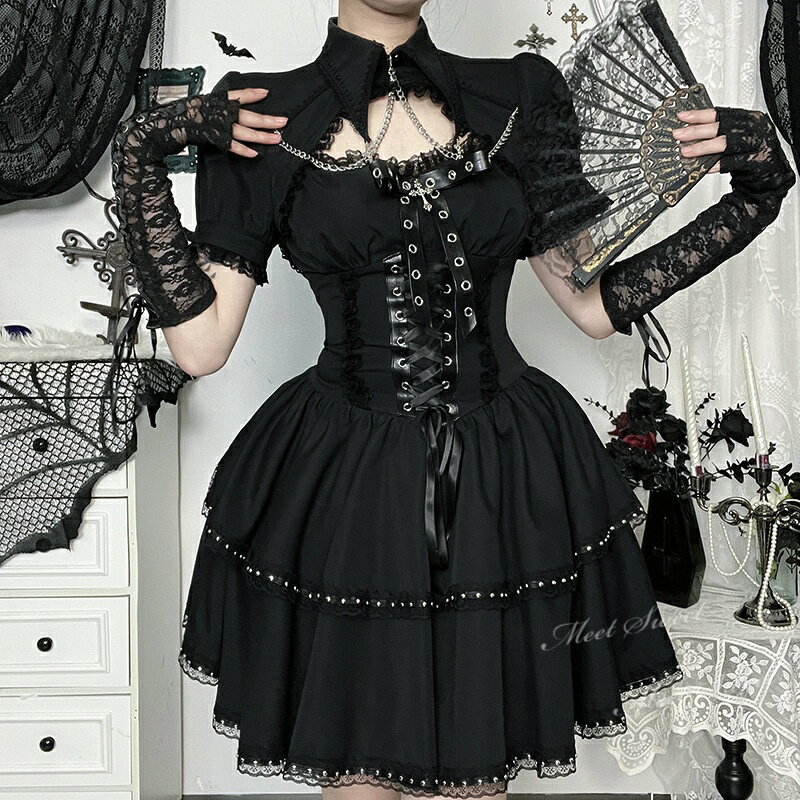 ゴスロリ ゴシック ロリータ ドレス ワンピース ボレロ jsk 半袖 編み上げ ブラック レース 衣装 黒 ハロウィン 魔女 コスプレ コスチューム 大人 レディース 原宿系 ゴス パンク ロック V系 ステージ 舞台 仮装 パーティー 文化祭 学園祭 ロリータファッション 3