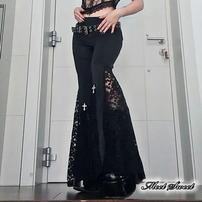 パンタロン ベルボトム パンツ ゴシック ブラック 切替 レース 黒 セクシー ロングパンツ ハロウィン パンク コスプレ コスチューム ロック 原宿系 大人 レディース V系 地雷系 ビジュアル系 サブカル ライブ衣装 個性的 カッコイイ モード系 ヴィジュアル系 ストリート