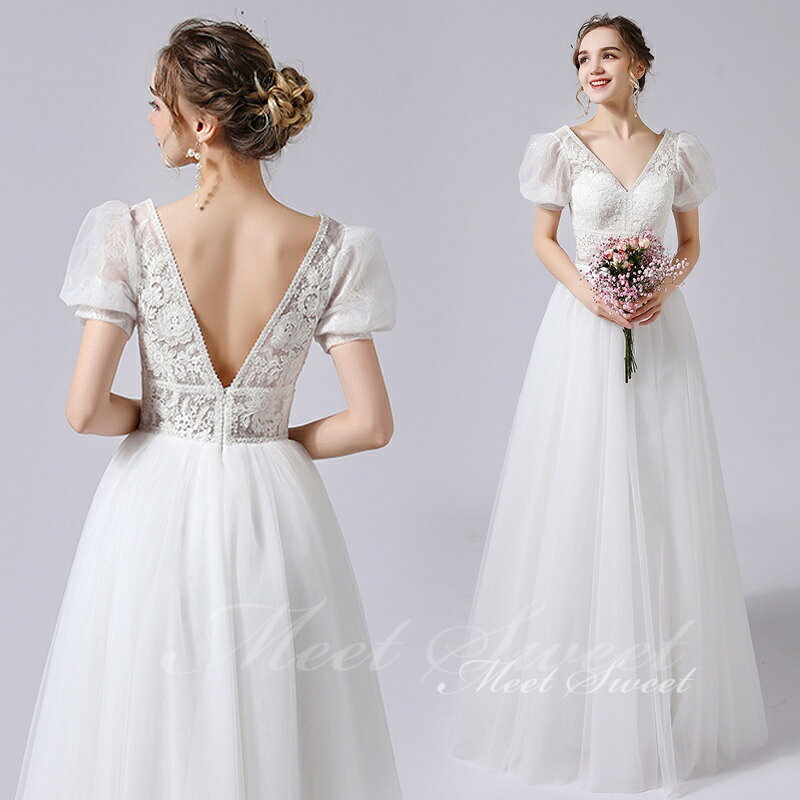 ウェディングドレス Vネック レース パフスリーブ かわいい Aラインドレス ファスナー オーダーメイド可 花嫁 結婚式 二次会 前撮り ドレス ブライダル ウエディングドレス オフホワイト ロングドレス ウェディング ウエディング 発表会ドレス 花嫁ドレス 披露宴ドレス