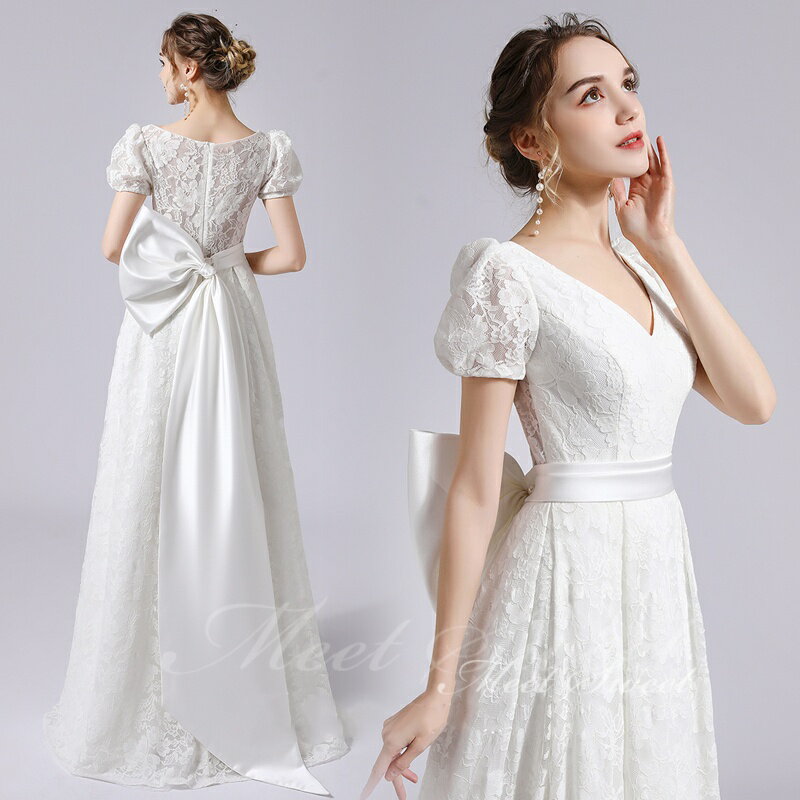 ウェディングドレス Vネック レース パフスリーブ かわいい スレンダーライン リボン 総レース 花嫁 結婚式 二次会 前撮り ブライダル ウエディングドレス オフホワイト ロングドレス ウェディング ウエディング 演奏会 発表会ドレス 花嫁ドレス 披露宴ドレス