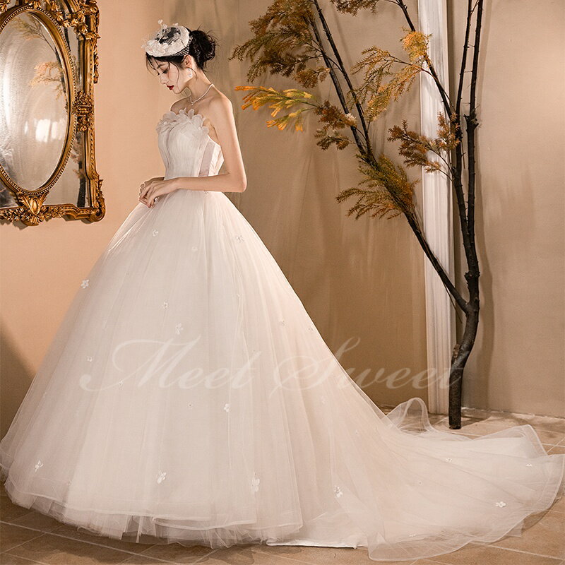 ウェディングドレス トレーン チュール 編み上げ クラシカルドレス ベアトップ オーダーメイド可 花嫁 結婚式 二次会 前撮り ドレス ブライダル ウエディングドレス オフホワイト ロングドレス ウェディング ウエディング 二次会ドレス 花嫁ドレス 結婚式ドレス(4.0)