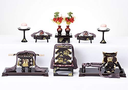 【中古】雛人形 道具 3段用 飾台幅90cm 木製30号六品揃道具 溜塗雪牡丹桜