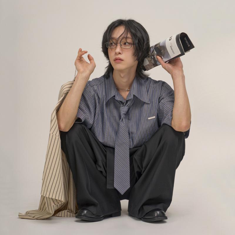 乐天商城 - シャツ メンズ 男性用 ストライプ柄 半袖 ルーズ カジュアル シャツ 学院風 韓国風 DK 制服