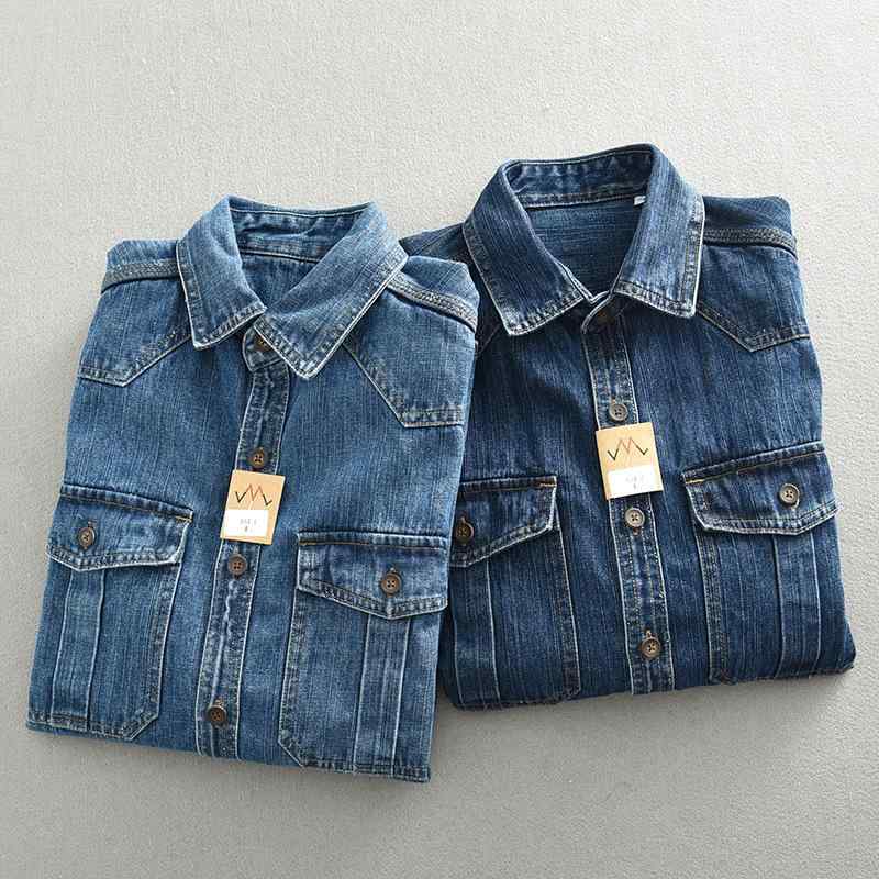 シャツ 男性用 厚手 デニム ワークシャツ アメカジ モーターサイクル 長袖 シャツ ジャケット アウター ゆったり 大きいサイズ 秋冬・スタイル: その他・版型: 宽松型・襟型: 角襟（レギュラーカラー）・袖丈: 長袖・柄: 無地・厚さ: 普通・対象年齢: 成人・対象性別: メンズ・カテゴリ: シャツ・主な素材: ウール・サイズ: M, L, XL, 2XL, 3XL・色: ライトブルー, ダークブルー・シーズン: 春