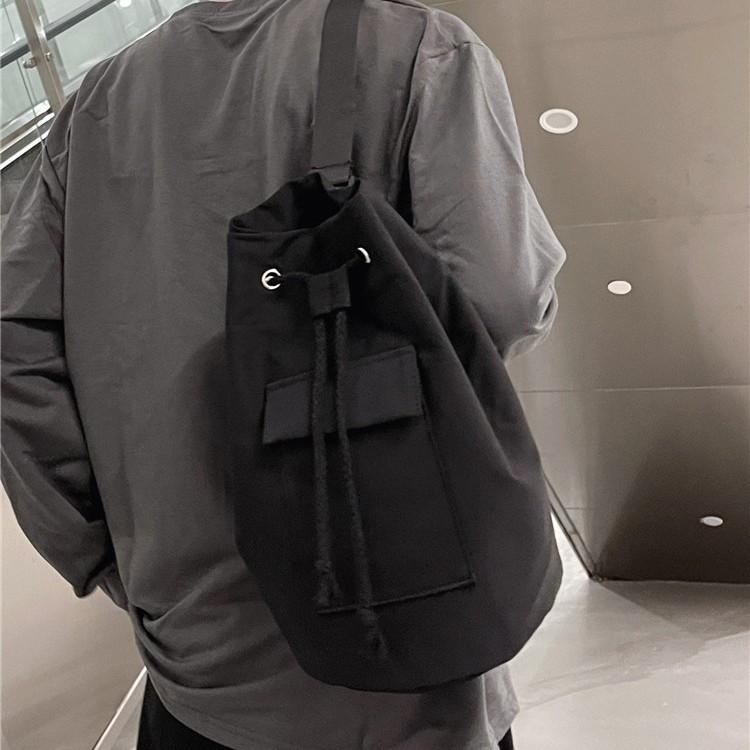 リュックサック 男性用 帆布 キャンバス バッグ カジュアル 水桶 バケット型 巾着 無地 ショルダーバッグ(4)