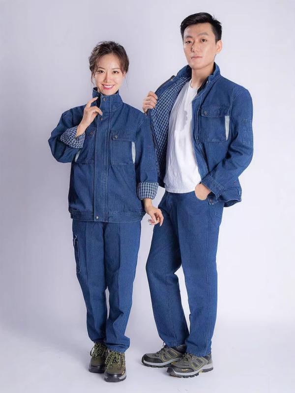 作業服 男性用 デニム 綿100% 厚手 電気工事 溶接 ダブルレイヤー ワークウェア 制服 耐熱 防炎