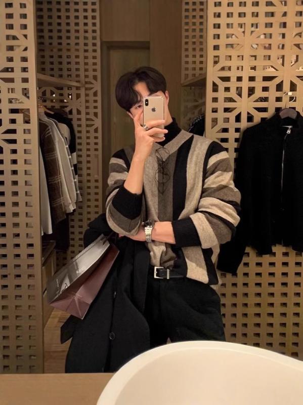 ニット メンズ 秋冬 韓国 Vネック 縦縞柄 長袖 セーター ゆったり リラックス カジュアル 配色