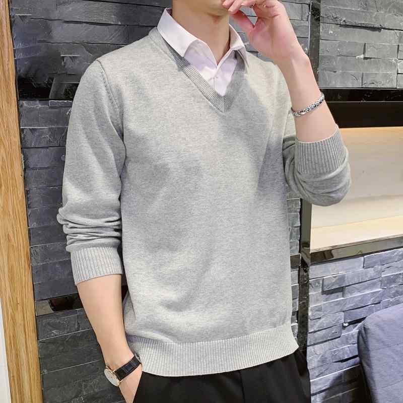 ニット メンズ Vネック 薄手 レイヤード風 スリム 秋 春 トップス インナー カットソー きれいめ 韓国