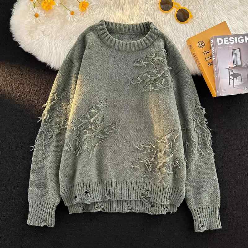 ニット メンズ オーバーサイズ ゆるかわ ざっくりニット ルーズ ダメージ加工 レトロ 豪華感 秋冬