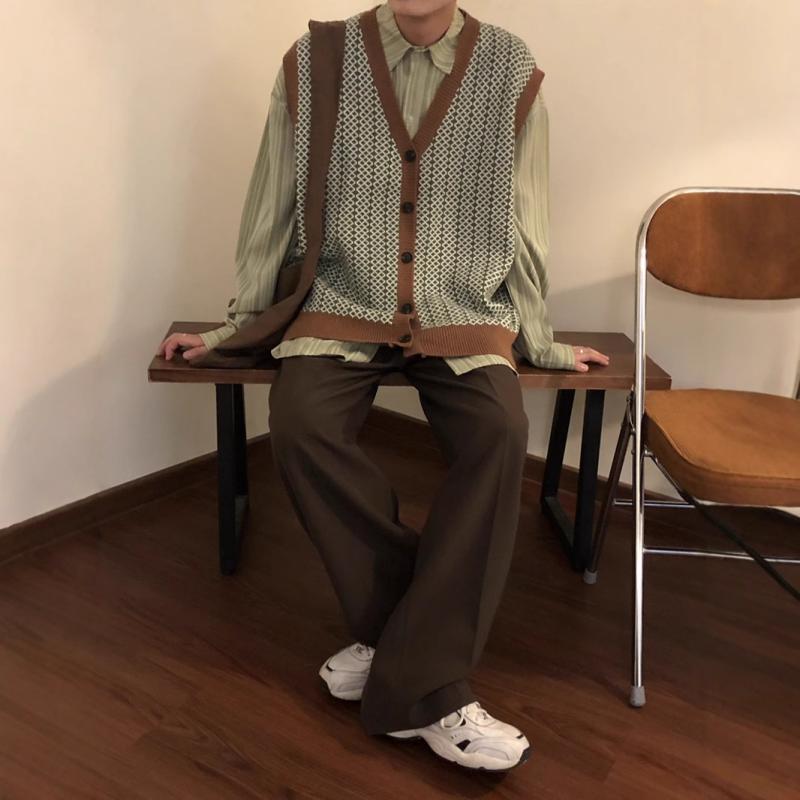 ニット メンズ カーディガン ベスト 秋冬 ゆったり レトロ アメカジ 配色 防寒