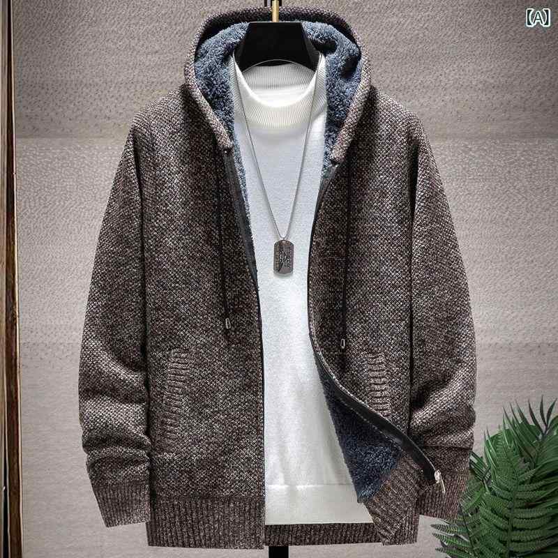 乐天商城 - ニット メンズ 男性用 秋冬 カーディガン 厚手 裏起毛 立襟 フード付き セーター ニットアウター 毛糸 防寒