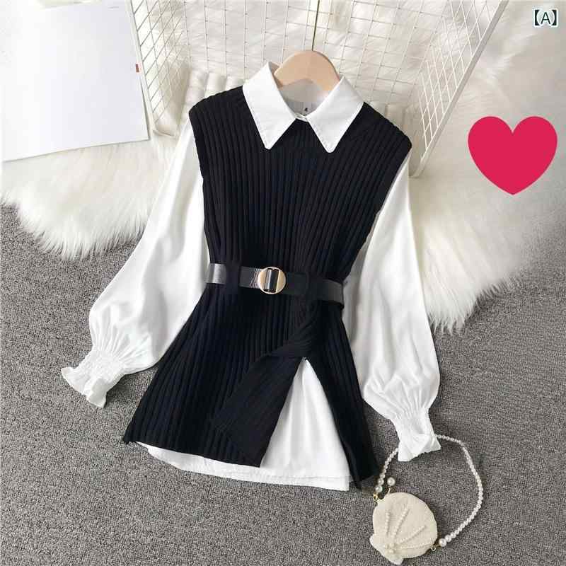 シャツ レディース ニット カーディガン セットアップ ニットベスト ブラウス おしゃれ かわいい 若見え 2点セット 重ね着 トップス 着回し 春 2