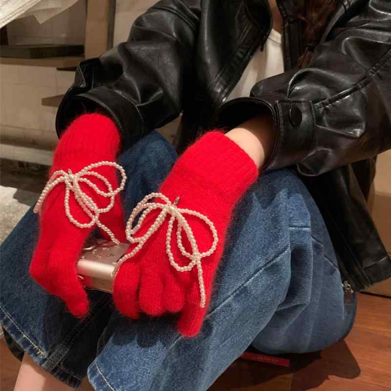 手袋 レディース かわいい 蝶結び パール ファー 指なし スマホ対応 学生 自転車 防寒