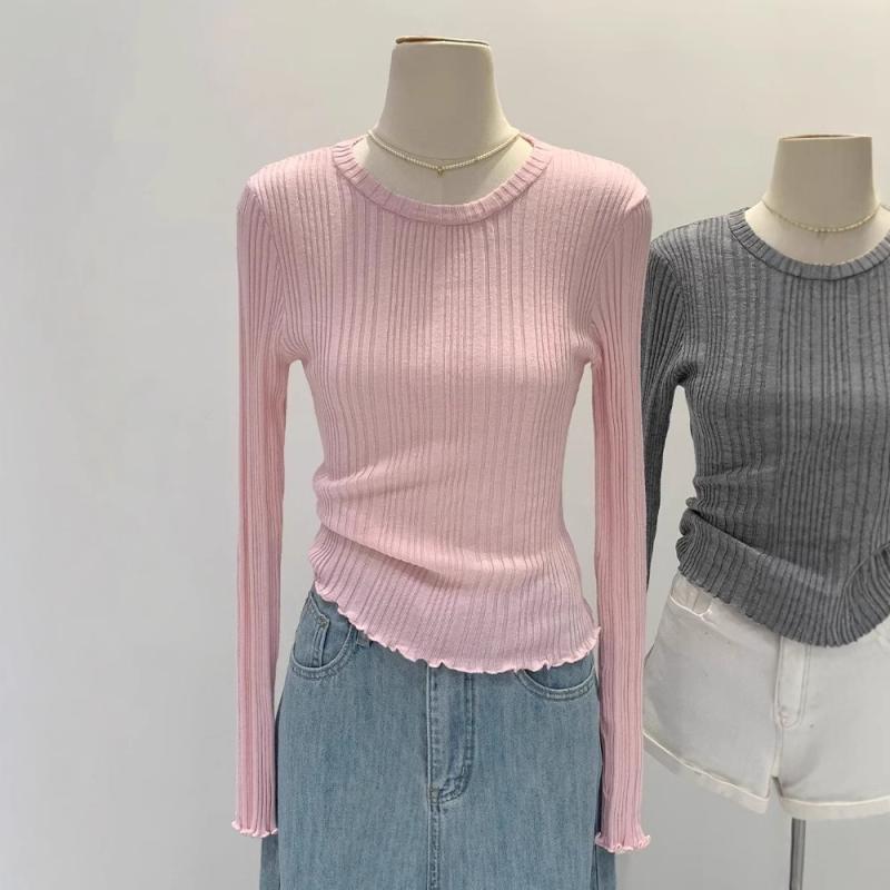 ニット レディース 長袖 ピンク系 インナー トップス 秋冬 韓国 かわいい ドーパミン ショート丈・素材: 粘胶纤维・柄: 無地・厚さ: 薄手・スタイル: プルオーバー・シルエット: タイト・袖丈: 長袖・ネックライン: ラウンドネック・デザイン: 無地.フリル・着丈: ミドル丈・カラー: ホワイト, グレー, ブラック, ピンク・サイズ: フリーサイズ（40-60kg相当）・テイスト: 通勤・製品カテゴリ: ニット