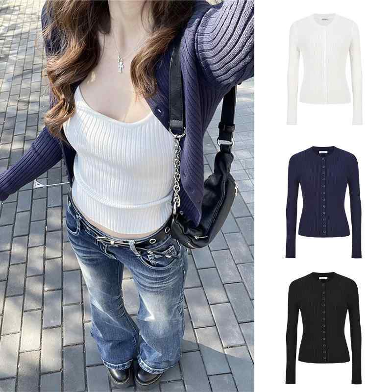 カーディガン レディース 春夏 韓国 紺色 長袖 ニット トップス スリム きれいめ 上品