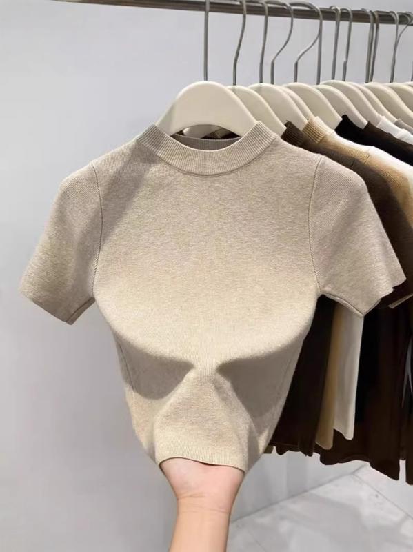 ニット レディース トップス 春夏 百搭 修身 小高领 半袖 プルオーバー インナー ショート丈 無地 スト..