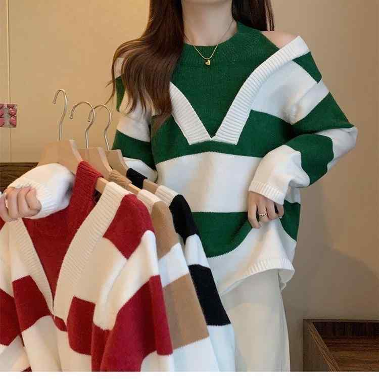 ニット レディース 秋冬 ゆるかわ 長袖 トップス ドッキング風 ストライプ柄 ドルマンスリーブ 接触冷感 プルオーバー 普段使い かわい..