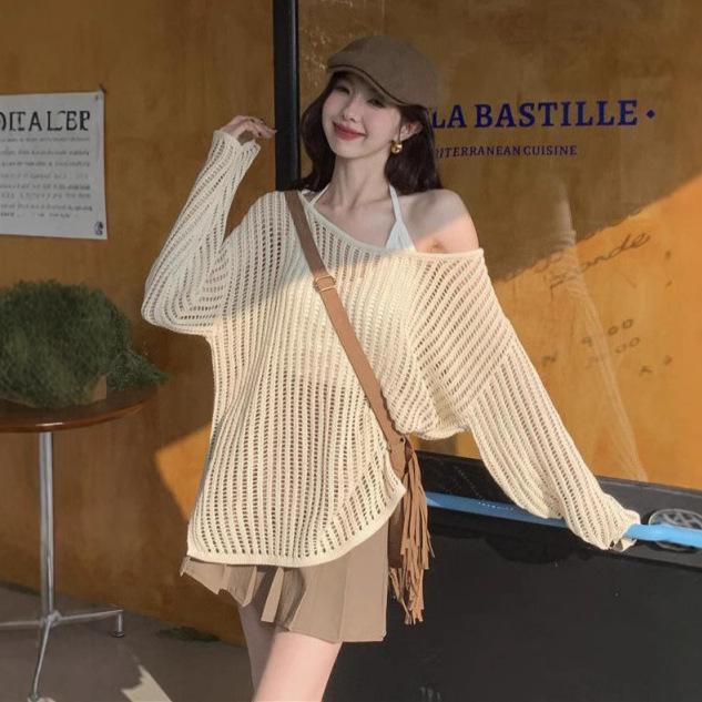 Long-Sleeved Knit - カーディガン レディース 春夏 薄手 透かし編み メッシュ ルーズフィット ゆるふわ 長袖 肩出し ニット トップス 接触冷感 伸縮性