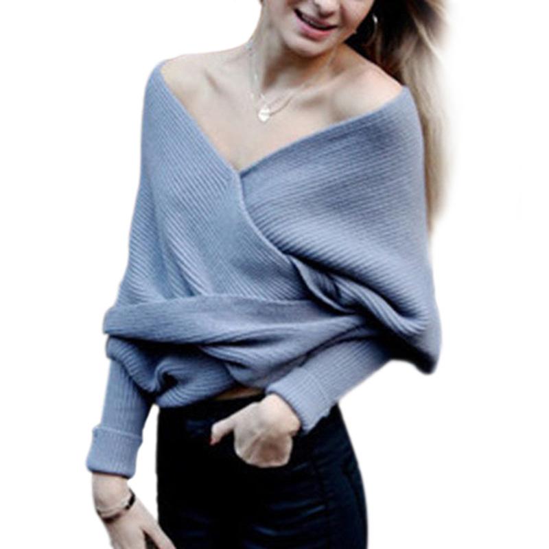 2ニット レディース 風 トップス 不規則 クロス プルオーバー 無地 セーター