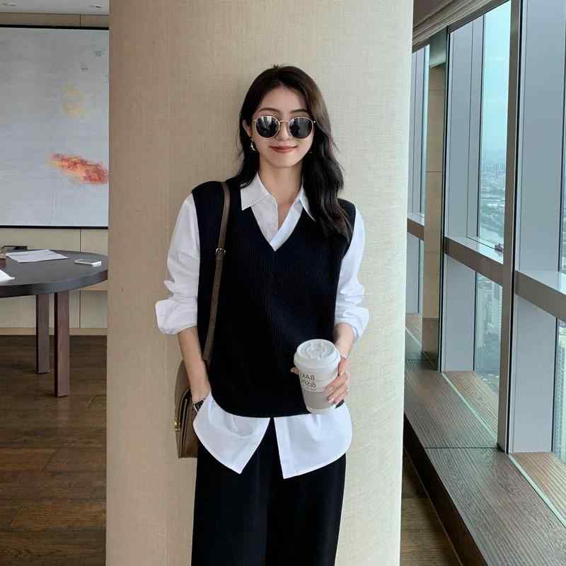 ニット レディース 春秋 Vネック ニットベスト 韓国 直筒 重ね着 セーター ベスト アウター トップス