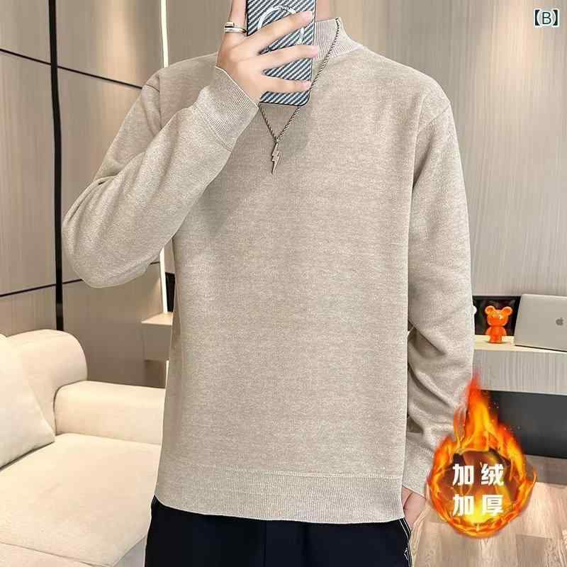 ニット メンズ 男性用 トップス ハーフネック カットソー 長袖 Tシャツ インナー 無地 シンプル あったか 防寒 厚手 秋冬 韓国 カジュアル