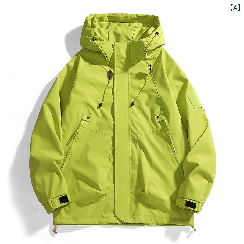 マウンテンパーカー 春秋 男女兼用 ゆったり ワークジャケット 防風 防水 登山着 コットン・製品カテゴリ: 衝鋒衣・機能: 防水・生地: ポリエステル・柄: 無地・適用対象: 男女兼用・スタイル: カーディガン・裏地: ポリエステル・対象年齢: 成年・フード: 有り（取り外し不可）・組み合わせ形式: シングル・インナー: 無し・毛襟: 無し・防水レベル: 5000mm・シーン: サイクリング.アイススポーツ.エクストリームチャレンジ.ハイキング.キャンプ・カラー: 蛍光グリーン, ブラック, 焦げオレンジ, カーキ, パープル, アイボリー, レモン, オレンジコーヒー・サイズ: S, M, L, XL, XXL, XXXL・素材: ポリエステル・防水透湿: 5000mm以下・シーズン: 秋・フィット: ゆったり・着丈: レギュラー