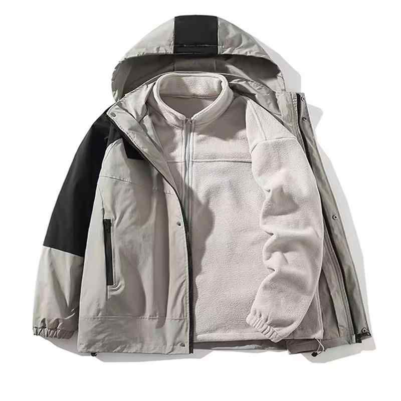 マウンテンパーカー 男性用 防風 防水 取り外し可能 フード付き 配色 春秋 アウトドア ワークジャケット アウター・素材: ポリエステル繊維・カテゴリ: ジャケット・スタイル: 韓国版・襟の形: スタンドカラー・フィット: ゆったり・前立て: ジッパー・フード: フード付き・・柄: 配色・対象: 青少年・袖丈: 長袖・色: ブラウン(2枚セット), グレー(2枚セット), ブラウン(アウター), グレー(アウター), ブラウン(インナー), グレー(インナー), ブラック(インナー)・サイズ: M, L, XL, XXL・袖のタイプ: レギュラー袖・対象年齢: 成人・対象性別: 男性