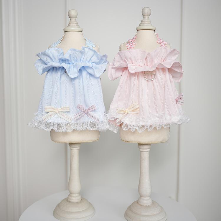 ペット服 春夏 犬 猫 服 コットン ストライプ レース 吊りスカート 通気性 薄手 小型犬 中型犬 普段使い かわいい2